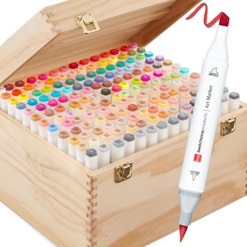 imageBest Choice Products Set of 168 AlcoholBased Markers DualTipped Alcohol Markers for Adults DoubleSided Art Kit wBrush ampamp Chisel Tip Color Chart Wood Carrying Case  Natural
