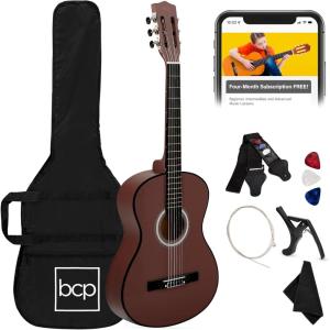 imageBest Choice Products 30in Kids Acoustic Guitar AllinOne Beginner Starter Kit wStrap Case Extra Strings Rosette Inlay  RedburstDark Brown