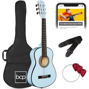 imageBest Choice Products 30in Kids Acoustic Guitar AllinOne Beginner Starter Kit wStrap Case Extra Strings Rosette Inlay  RedburstLight Blue