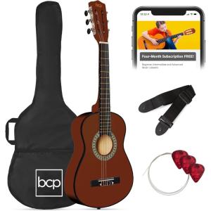 imageBest Choice Products 30in Kids Acoustic Guitar AllinOne Beginner Starter Kit wStrap Case Extra Strings Rosette Inlay  RedburstMahogany Stain