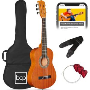 imageBest Choice Products 30in Kids Acoustic Guitar AllinOne Beginner Starter Kit wStrap Case Extra Strings Rosette Inlay  RedburstNatural Mahogany