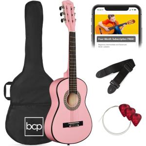 imageBest Choice Products 30in Kids Acoustic Guitar AllinOne Beginner Starter Kit wStrap Case Extra Strings Rosette Inlay  RedburstPink