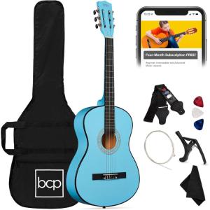 imageBest Choice Products 30in Kids Acoustic Guitar AllinOne Beginner Starter Kit wStrap Case Extra Strings Rosette Inlay  RedburstSky Blue