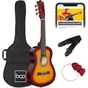 imageBest Choice Products 30in Kids Acoustic Guitar AllinOne Beginner Starter Kit wStrap Case Extra Strings Rosette Inlay  RedburstSunburst