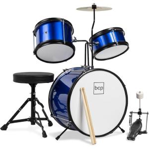 imageBest Choice Products 3Piece Beginner Drum Set for Kids Juniors wThrone Stool Cymbal Drum Sticks Bass Drum Pedal 2 Toms  BlueBlue