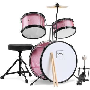 imageBest Choice Products 3Piece Beginner Drum Set for Kids Juniors wThrone Stool Cymbal Drum Sticks Bass Drum Pedal 2 Toms  BluePink Sparkle
