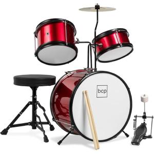 imageBest Choice Products 3Piece Beginner Drum Set for Kids Juniors wThrone Stool Cymbal Drum Sticks Bass Drum Pedal 2 Toms  BlueRed
