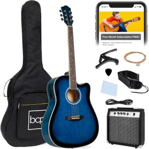 imageBest Choice Products Beginner Acoustic Electric Guitar Starter Set w 41in All Wood Cutaway Design Gig Bag Strap Picks  NaturalBlue
