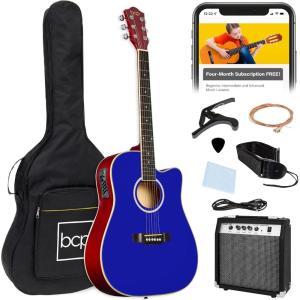 imageBest Choice Products Beginner Acoustic Electric Guitar Starter Set w 41in All Wood Cutaway Design Gig Bag Strap Picks  NaturalDark Blue