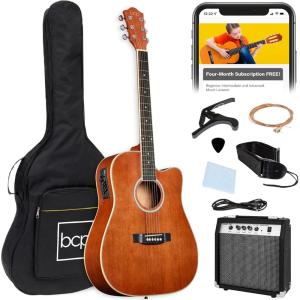 imageBest Choice Products Beginner Acoustic Electric Guitar Starter Set w 41in All Wood Cutaway Design Gig Bag Strap Picks  NaturalMahogany
