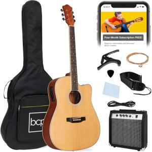 imageBest Choice Products Beginner Acoustic Electric Guitar Starter Set w 41in All Wood Cutaway Design Gig Bag Strap Picks  NaturalNatural