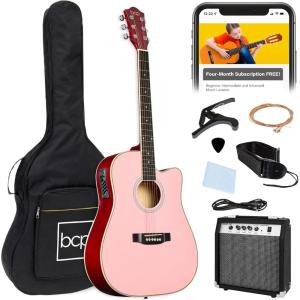 imageBest Choice Products Beginner Acoustic Electric Guitar Starter Set w 41in All Wood Cutaway Design Gig Bag Strap Picks  NaturalPink