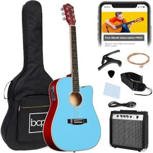 imageBest Choice Products Beginner Acoustic Electric Guitar Starter Set w 41in All Wood Cutaway Design Gig Bag Strap Picks  NaturalSky Blue