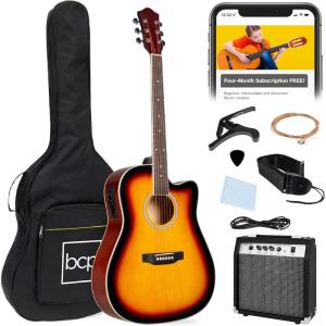 imageBest Choice Products Beginner Acoustic Electric Guitar Starter Set w 41in All Wood Cutaway Design Gig Bag Strap Picks  NaturalSunburst