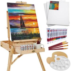 imageBest Choice Products French Easel 32pc Beginners Kit Portable Wooden Folding Adjustable Sketch Box Artist Tripod for Painting Drawing wAcrylic Paints Brushes Canvases Palettes  GrayNatural