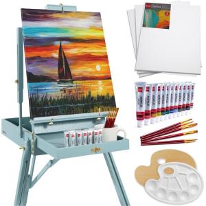 imageBest Choice Products French Easel 32pc Beginners Kit Portable Wooden Folding Adjustable Sketch Box Artist Tripod for Painting Drawing wAcrylic Paints Brushes Canvases Palettes  GrayBlue
