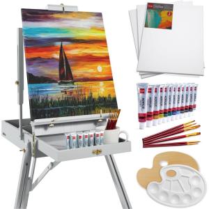 imageBest Choice Products French Easel 32pc Beginners Kit Portable Wooden Folding Adjustable Sketch Box Artist Tripod for Painting Drawing wAcrylic Paints Brushes Canvases Palettes  GrayGray