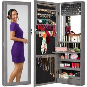 imageBest Choice Products LED Mirror Jewelry Cabinet Tall Lockable Wall or Door Mounted Jewelry Armoire Organizer with Mirror 2 Drawers Lock Cosmetic Tray Shelves  SageGray Oak