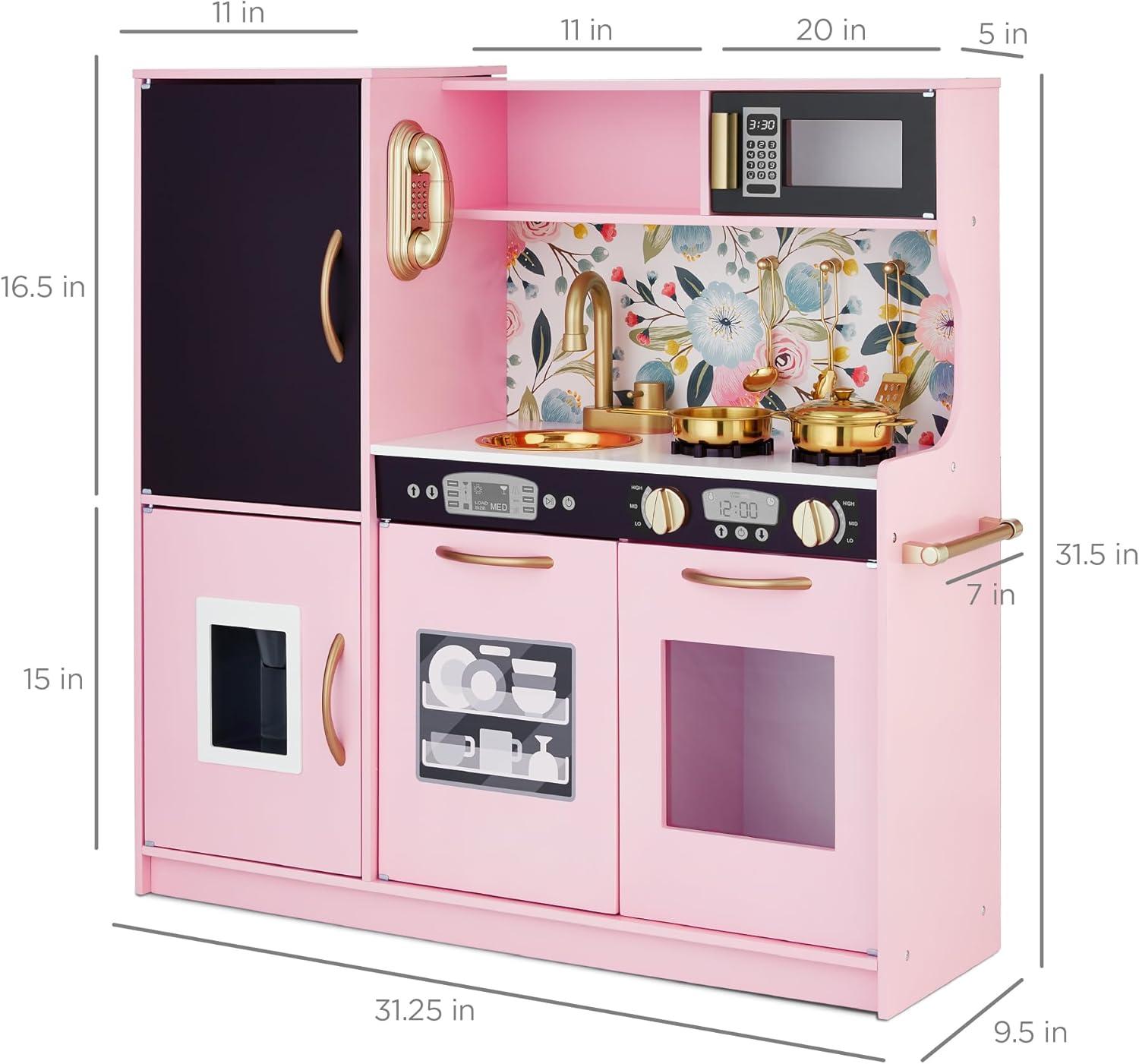 imageBest Choice Products Pretend Play Kitchen Wooden Toy Set for Kids wRealistic Design Telephone Utensils Oven Microwave Sink  Pink FloralPink Floral