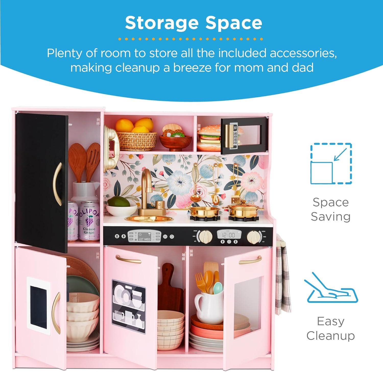 imageBest Choice Products Pretend Play Kitchen Wooden Toy Set for Kids wRealistic Design Telephone Utensils Oven Microwave Sink  Pink FloralPink Floral