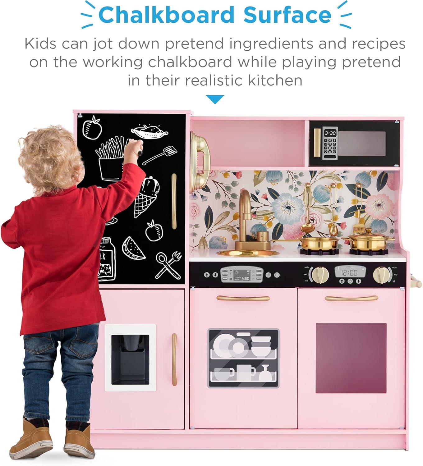 imageBest Choice Products Pretend Play Kitchen Wooden Toy Set for Kids wRealistic Design Telephone Utensils Oven Microwave Sink  Pink FloralPink Floral
