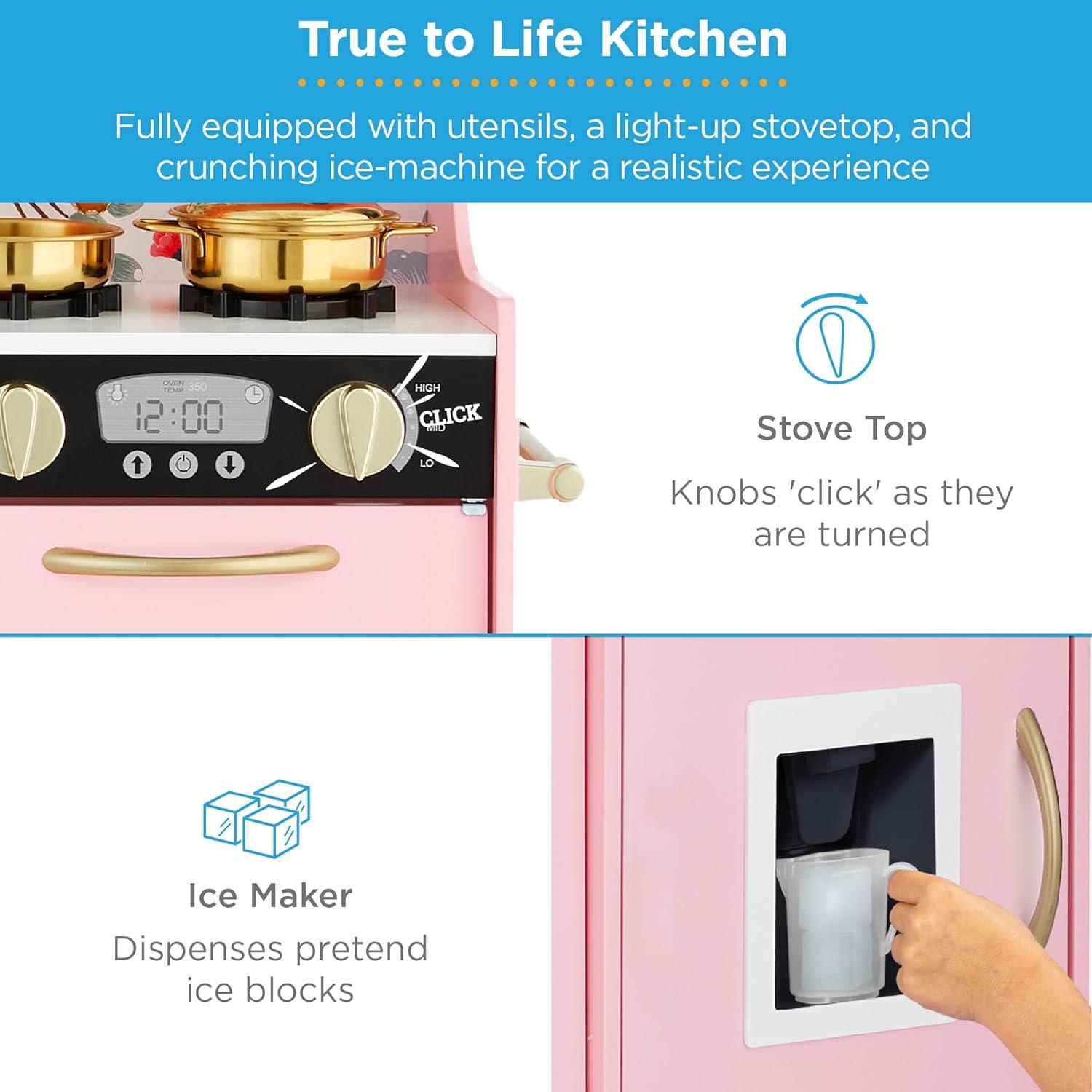 imageBest Choice Products Pretend Play Kitchen Wooden Toy Set for Kids wRealistic Design Telephone Utensils Oven Microwave Sink  Pink FloralPink Floral