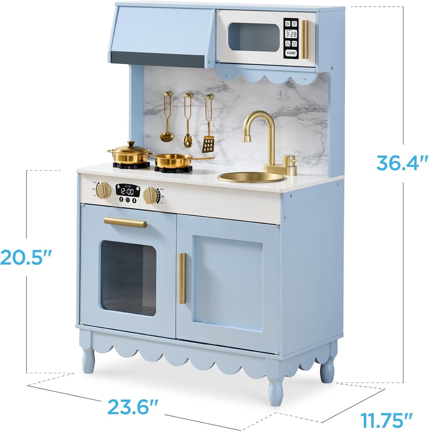 imageBest Choice Products Wooden Pretend Play Cottage Kitchen Kids Toy wStorage Scalloped Edge 5 Accessories Microwave Oven Clicking Knobs  BlueBlue