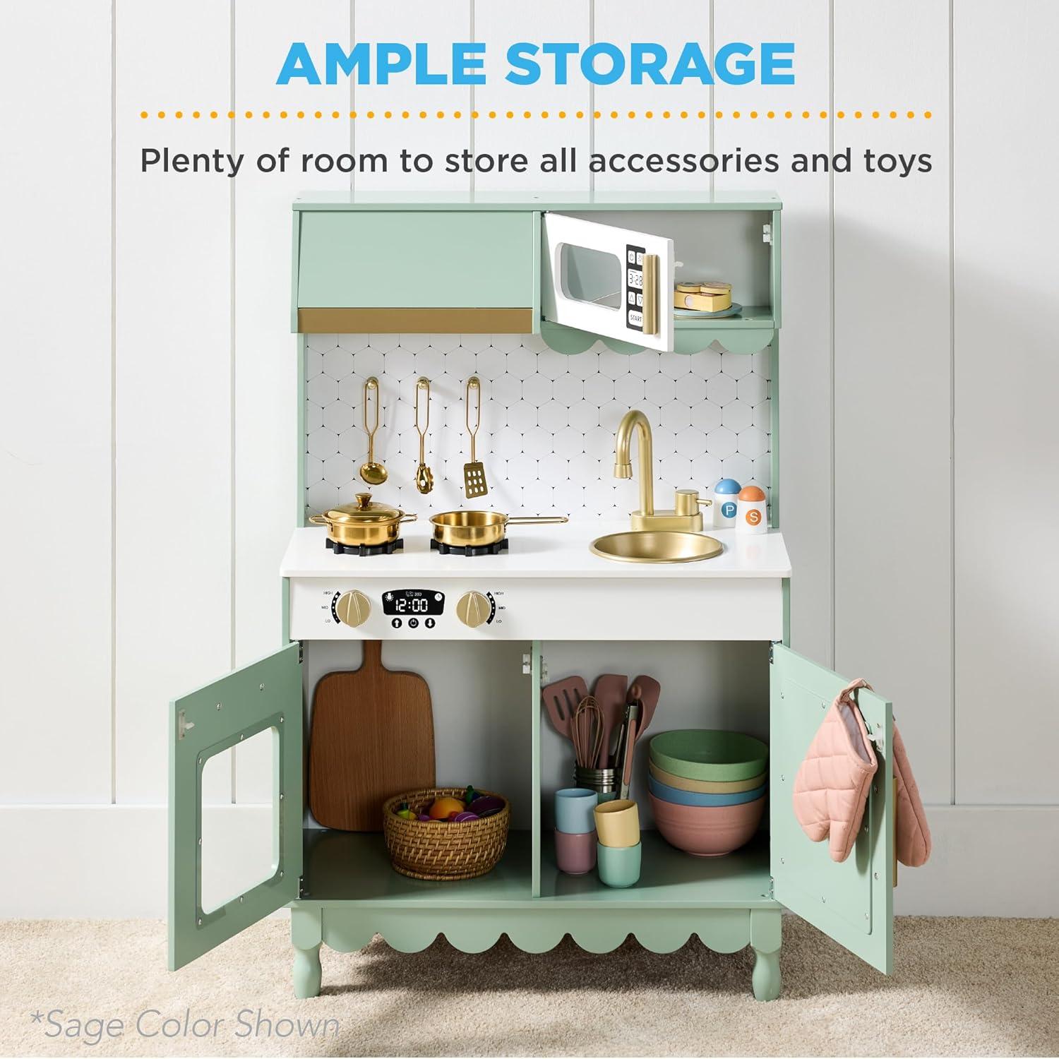 imageBest Choice Products Wooden Pretend Play Cottage Kitchen Kids Toy wStorage Scalloped Edge 5 Accessories Microwave Oven Clicking Knobs  BlueBlue