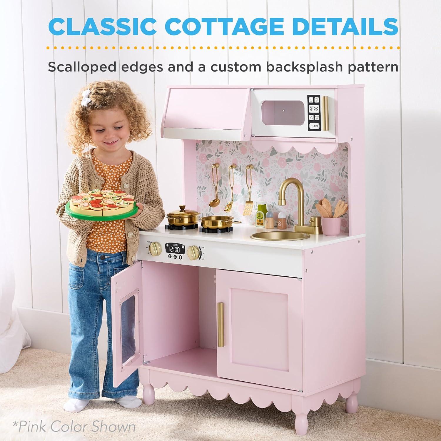 imageBest Choice Products Wooden Pretend Play Cottage Kitchen Kids Toy wStorage Scalloped Edge 5 Accessories Microwave Oven Clicking Knobs  BlueCream