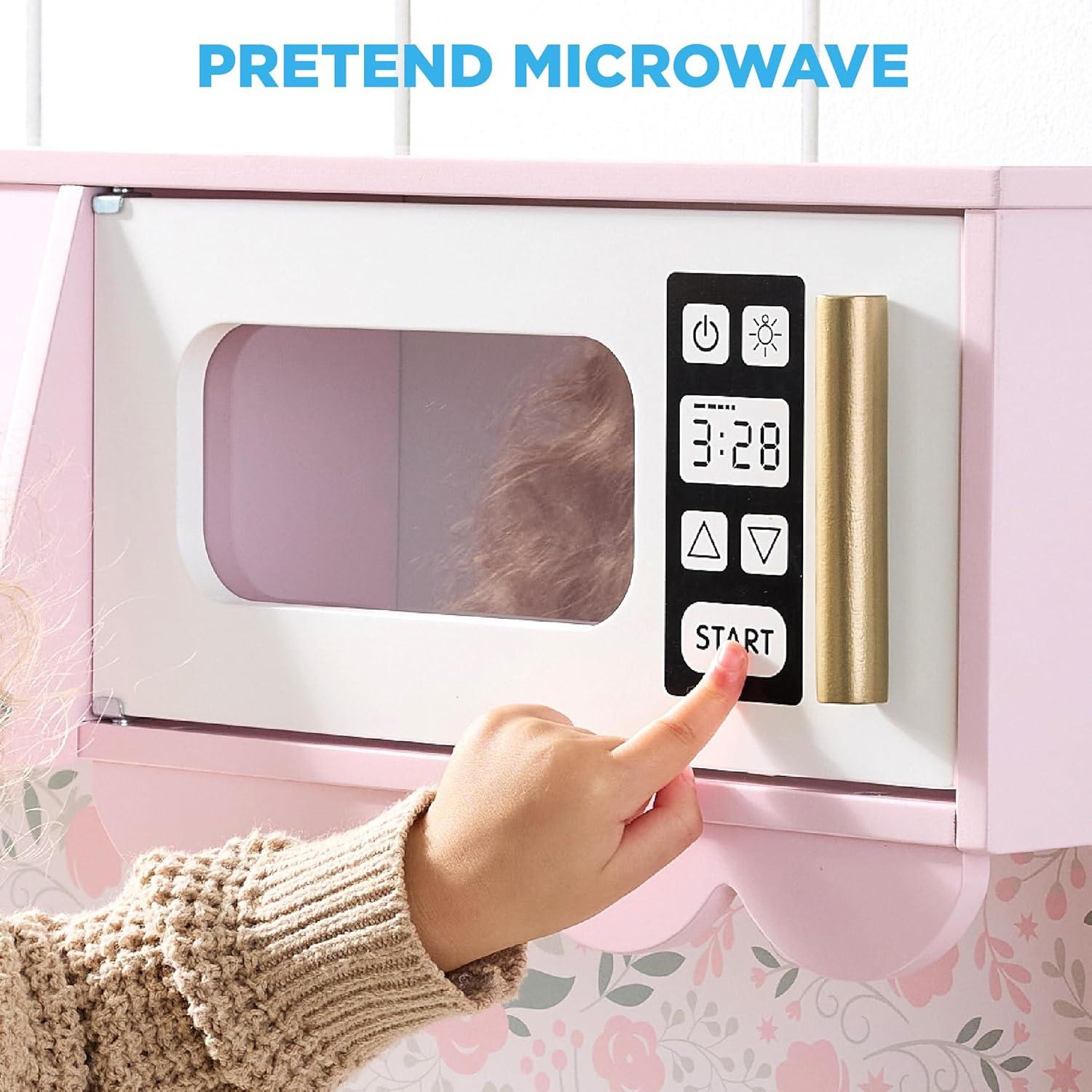imageBest Choice Products Wooden Pretend Play Cottage Kitchen Kids Toy wStorage Scalloped Edge 5 Accessories Microwave Oven Clicking Knobs  BluePink