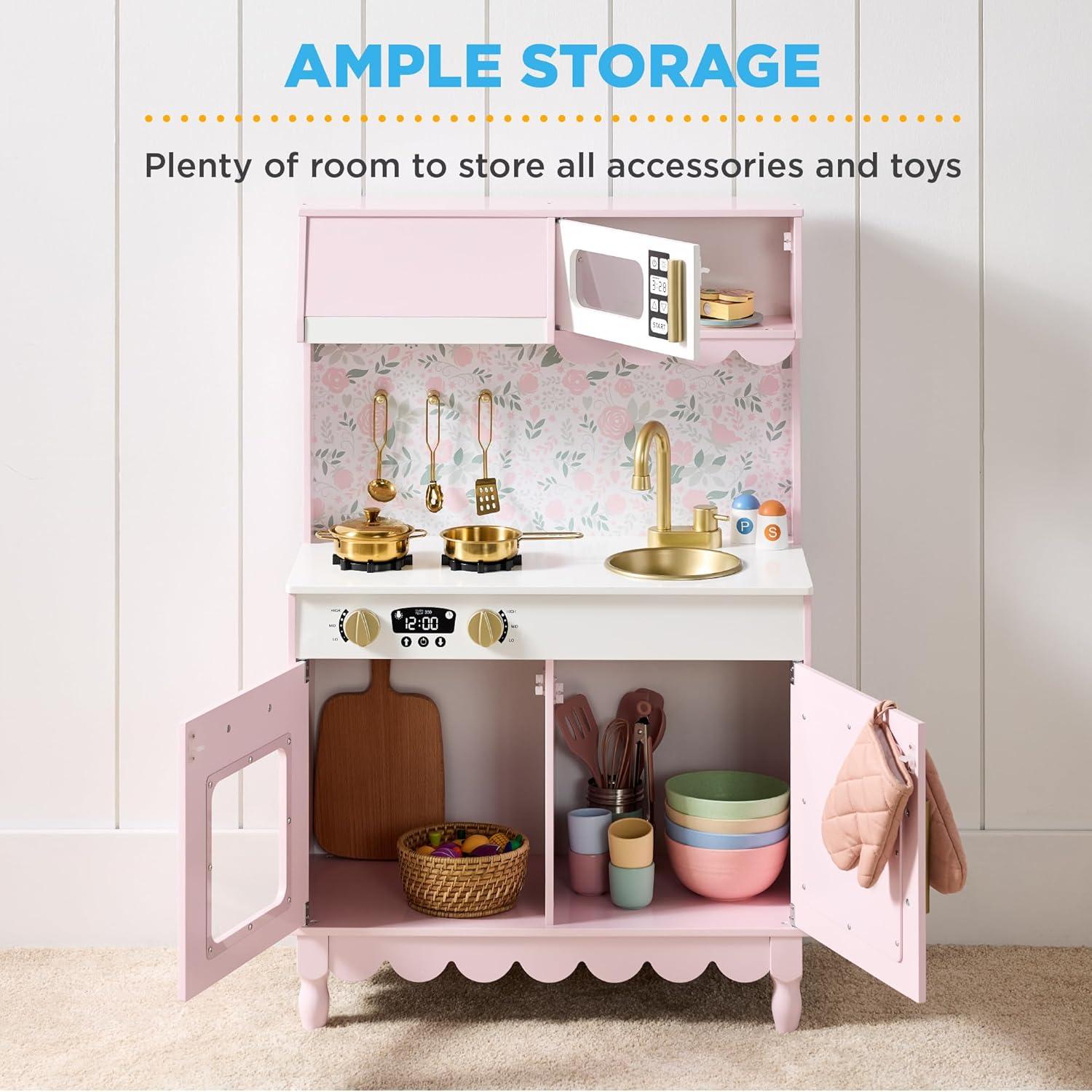 imageBest Choice Products Wooden Pretend Play Cottage Kitchen Kids Toy wStorage Scalloped Edge 5 Accessories Microwave Oven Clicking Knobs  BluePink