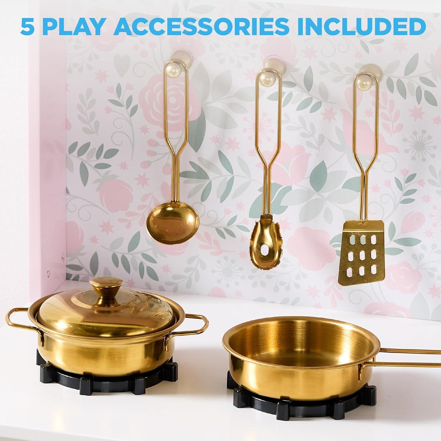 imageBest Choice Products Wooden Pretend Play Cottage Kitchen Kids Toy wStorage Scalloped Edge 5 Accessories Microwave Oven Clicking Knobs  BluePink