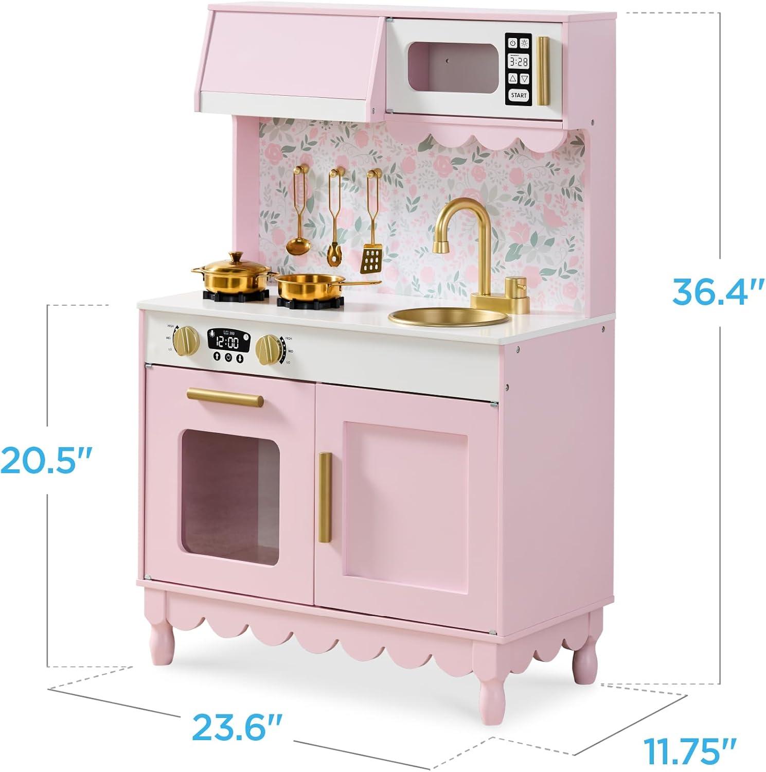 imageBest Choice Products Wooden Pretend Play Cottage Kitchen Kids Toy wStorage Scalloped Edge 5 Accessories Microwave Oven Clicking Knobs  BluePink