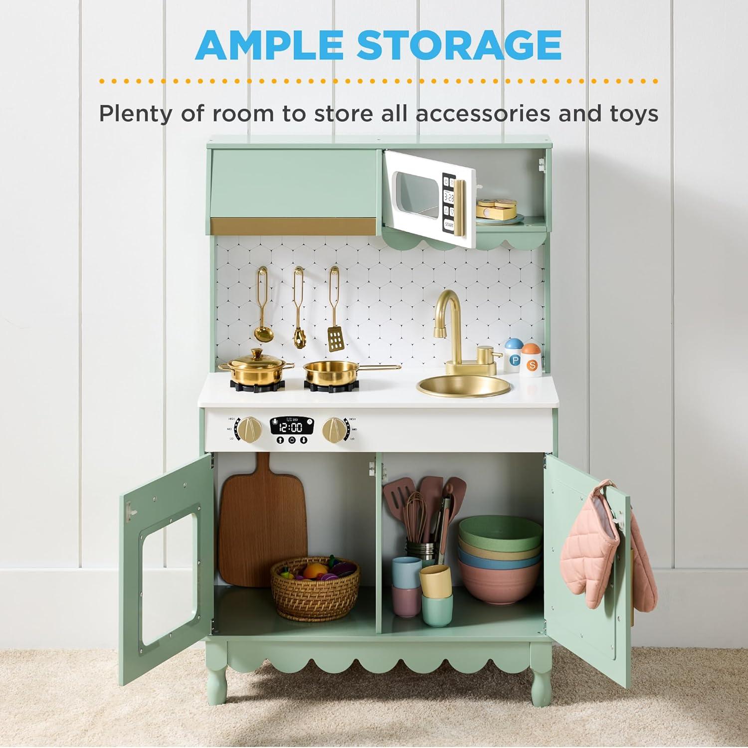 imageBest Choice Products Wooden Pretend Play Cottage Kitchen Kids Toy wStorage Scalloped Edge 5 Accessories Microwave Oven Clicking Knobs  BlueSage