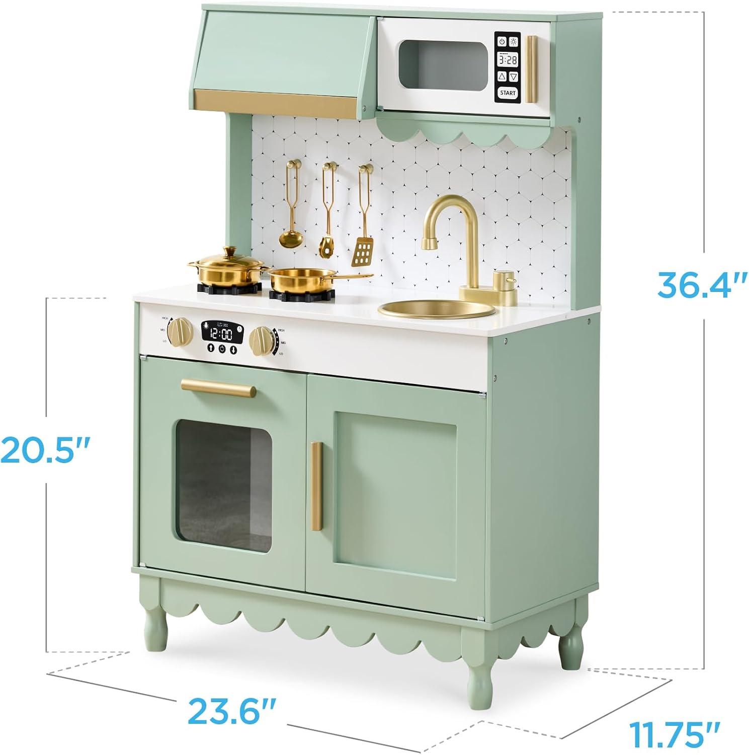 imageBest Choice Products Wooden Pretend Play Cottage Kitchen Kids Toy wStorage Scalloped Edge 5 Accessories Microwave Oven Clicking Knobs  BlueSage