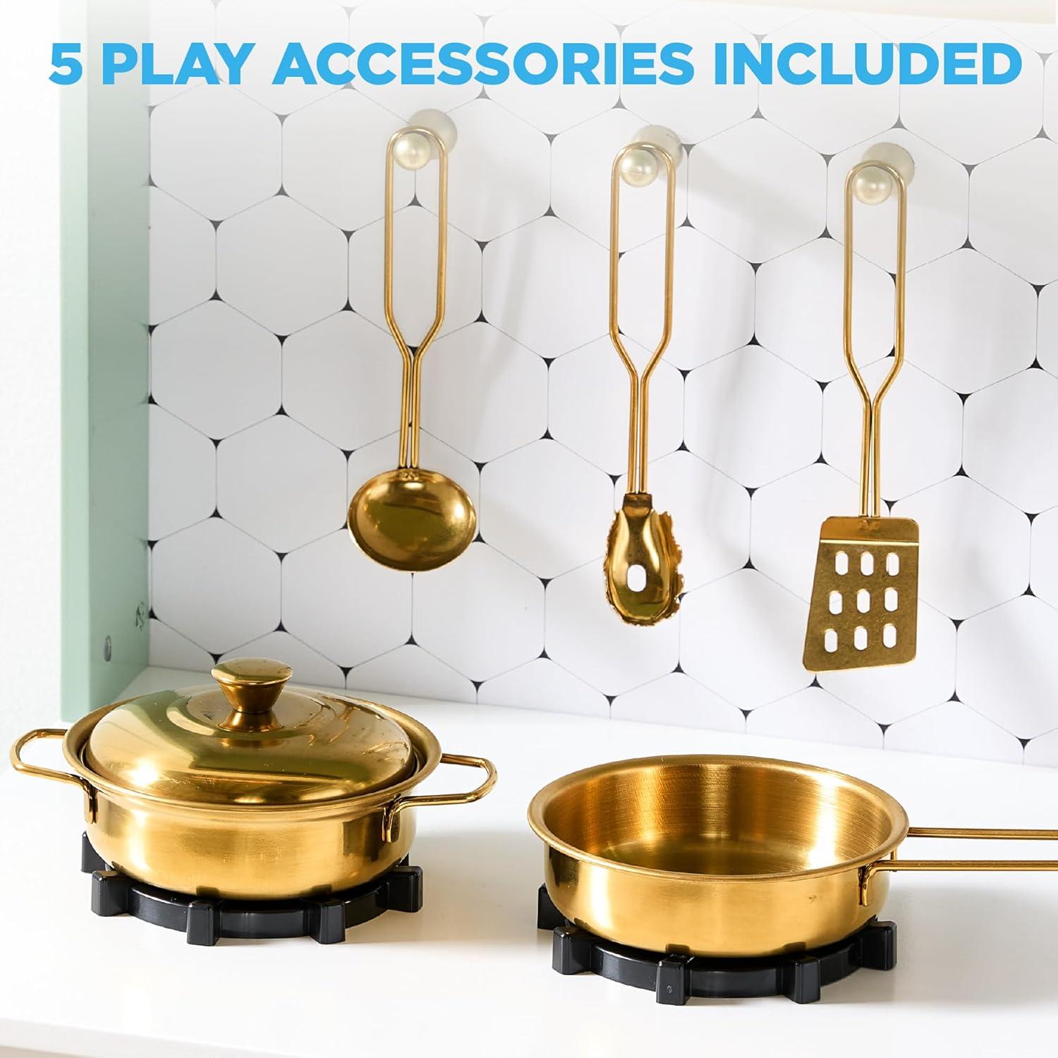 imageBest Choice Products Wooden Pretend Play Cottage Kitchen Kids Toy wStorage Scalloped Edge 5 Accessories Microwave Oven Clicking Knobs  BlueSage
