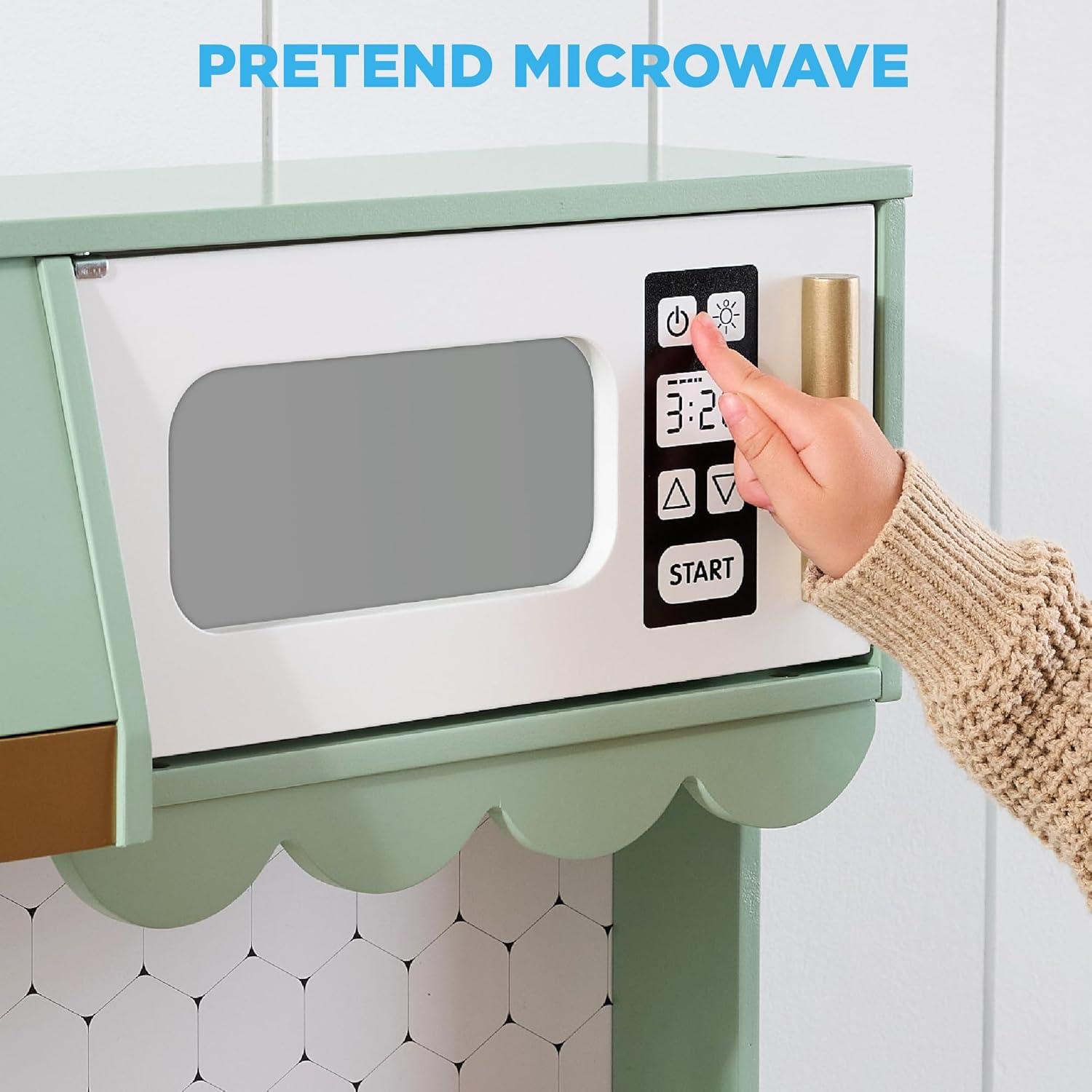 imageBest Choice Products Wooden Pretend Play Cottage Kitchen Kids Toy wStorage Scalloped Edge 5 Accessories Microwave Oven Clicking Knobs  BlueSage