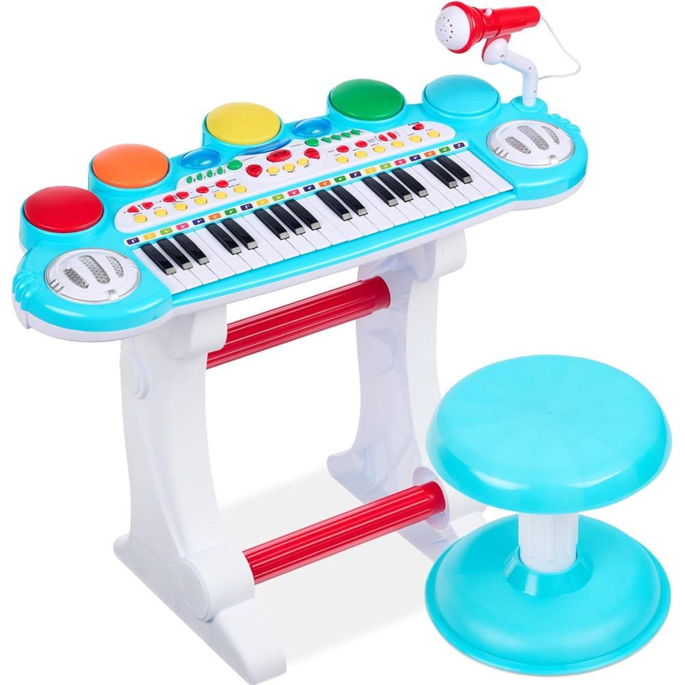 imageBest Choice Products 37Key Kids Electronic Musical Instrument Piano Learning Toy Keyboard w Multiple Sounds Lights Microphone Stool  PinkMulticolor