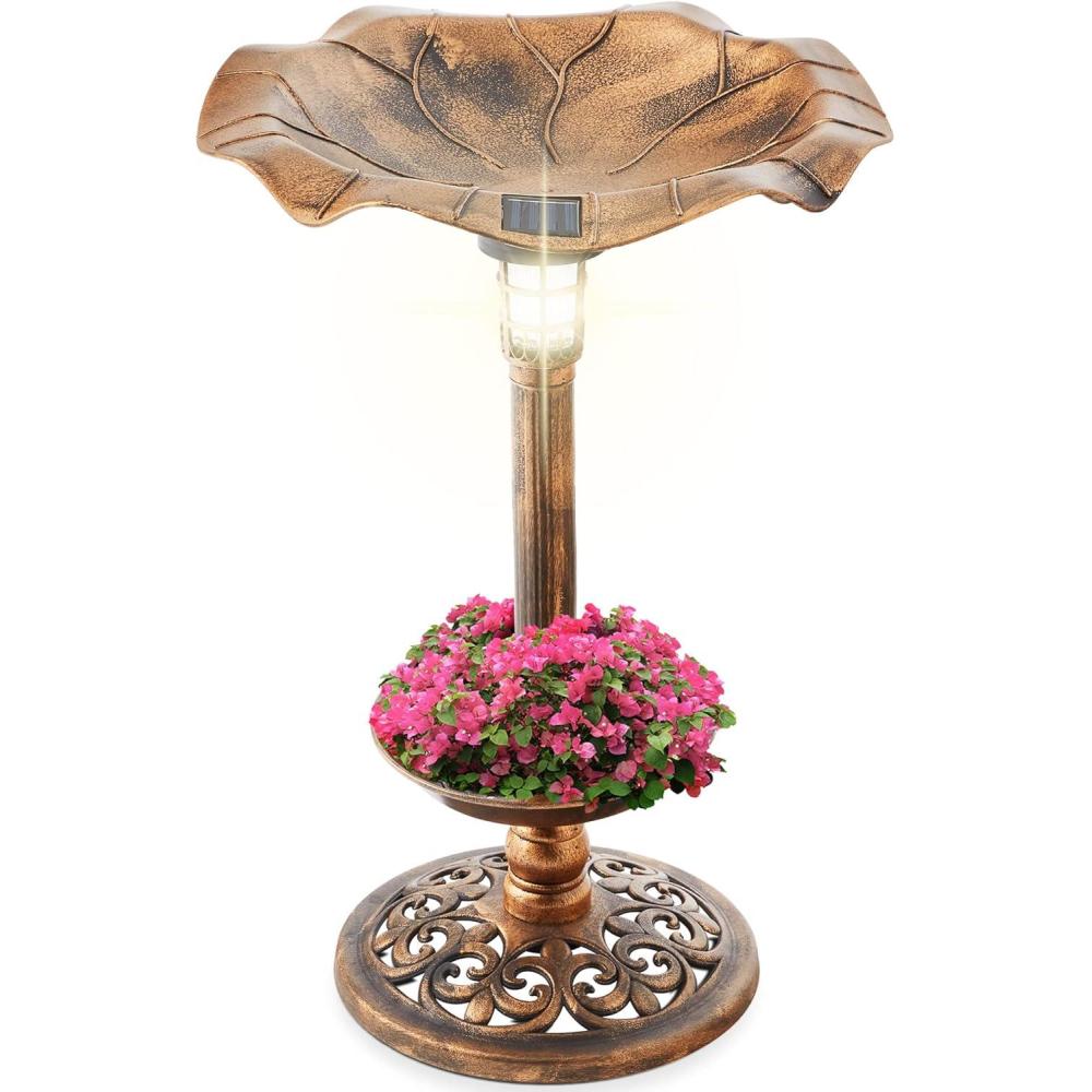 imageBest Choice Products Outdoor Solar Lighted Pedestal Bird Bath Fountain Decoration wPlanter Integrated Panel Scroll Accents for Lawn Garden  BronzeBronze