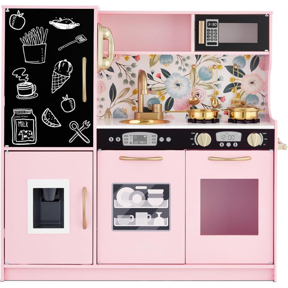 imageBest Choice Products Pretend Play Kitchen Wooden Toy Set for Kids wRealistic Design Telephone Utensils Oven Microwave Sink  Pink FloralPink Floral