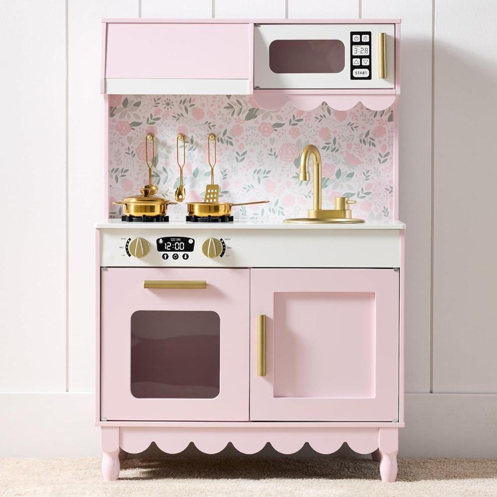 imageBest Choice Products Wooden Pretend Play Cottage Kitchen Kids Toy wStorage Scalloped Edge 5 Accessories Microwave Oven Clicking Knobs  BluePink