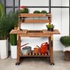 imageBest Choice Products Mobile Garden Potting Bench Outdoor Wood Workstation Table wSliding Tabletop 4 Locking Wheels Food Grade Dry Sink Storage Shelves  BrownBrown