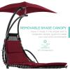 imageBest Choice Products Outdoor Hanging Curved Steel Chaise Lounge Chair Swing wBuiltin Pillow and Removable Canopy  Navy BlueBurgundy