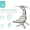 imageBest Choice Products Outdoor Hanging Curved Steel Chaise Lounge Chair Swing wBuiltin Pillow and Removable Canopy  Navy BlueIvory