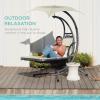 imageBest Choice Products Outdoor Hanging Curved Steel Chaise Lounge Chair Swing wBuiltin Pillow and Removable Canopy  Navy BlueIvory