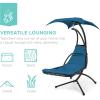 imageBest Choice Products Outdoor Hanging Curved Steel Chaise Lounge Chair Swing wBuiltin Pillow and Removable Canopy  Navy BluePeacock Blue