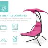 imageBest Choice Products Outdoor Hanging Curved Steel Chaise Lounge Chair Swing wBuiltin Pillow and Removable Canopy  Navy BluePink