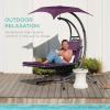 imageBest Choice Products Outdoor Hanging Curved Steel Chaise Lounge Chair Swing wBuiltin Pillow and Removable Canopy  Navy BluePurple