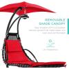 imageBest Choice Products Outdoor Hanging Curved Steel Chaise Lounge Chair Swing wBuiltin Pillow and Removable Canopy  Navy BlueRed
