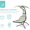 imageBest Choice Products Outdoor Hanging Curved Steel Chaise Lounge Chair Swing wBuiltin Pillow and Removable Canopy  Navy BlueSage